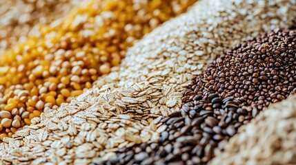   A close-up of various grains, including seeds in different colors, sizes, shapes, and varieties