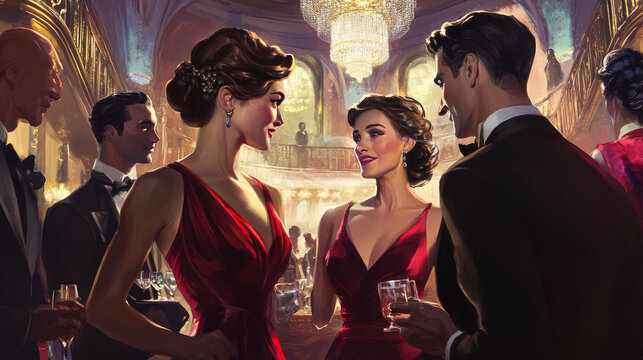 Illustrate elegant interactions between individuals, such as polite conversation, graceful gestures, or respectful exchanges. Highlight how manners and demeanor contribute to a sense of elegance. 