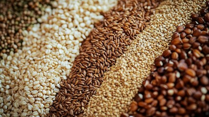 Obraz premium A close-up of grains in various colors, sizes, and shapes on a table