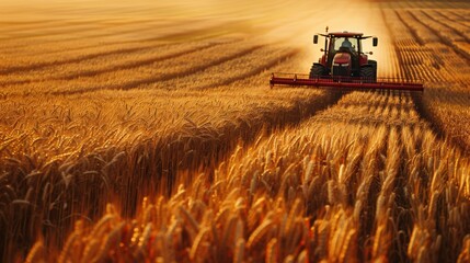 Fototapeta premium Tractor harvesting wheat in a golden field during sunset