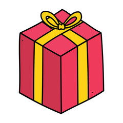 Hand drawn cartoon closed red gift box on white background. New Year, Christmas, birthday, anniversary, valentine's day.