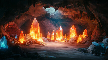 Glowing crystals of varying colors illuminate the dark cave, casting a mystical and ethereal light in the subterranean chamber.