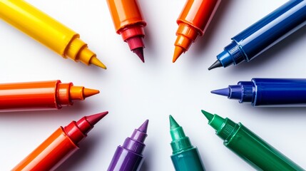 Colorful markers isolated on white background, top view. Creativity, artistic tool