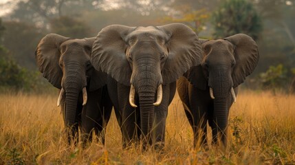 Three majestic elephants standing together in the savannah at dawn under a golden sky