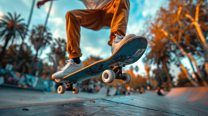 A skateboarder performing tricks in an urban skate park, capturing motion and energy
