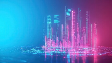 Business intelligence analysis, holographic data and insights, 3D illustration on pastel color background with copyspace