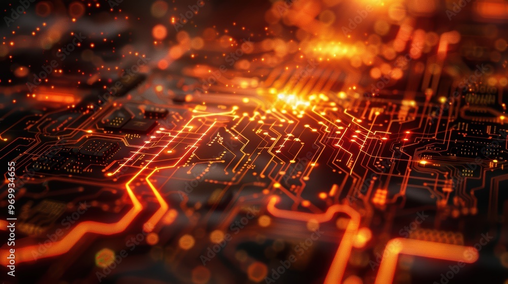 Poster an abstract circuit board lit by orange lights, revealing intricate tech patterns