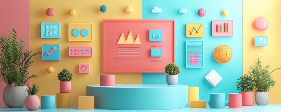 Consumer behavior analysis, interactive graphs and avatars, 3D illustration on pastel color background with copyspace