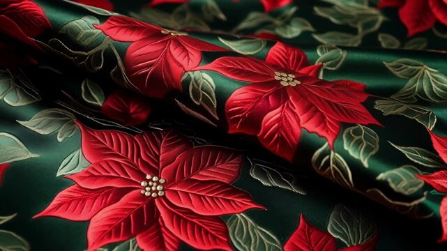 Close up of red poinsettia flowers embroidered on green satin fabric, creating an elegant and festive textile for the holiday season