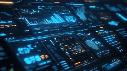 Obraz premium Futuristic Blue and Orange Digital Interface with Charts and Graphs