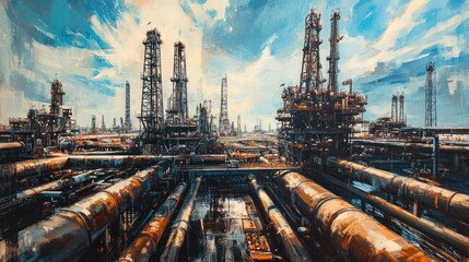 Fototapeta premium A Digital Painting of a Large Industrial Complex with Multiple Towers and Pipelines