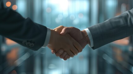 A close-up of a handshake representing partnership and collaboration in a professional setting with a modern background.