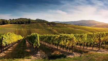 Fototapeta premium Sun-Kissed Vineyard Rows Stretching Across Rolling Hills, a Harvest Paradise