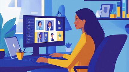 Woman in yellow shirt participates in a video conference call.