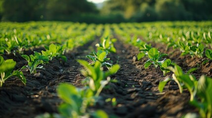 Lush green rows of young crops growing in sunlight during the summer in a rural farm
