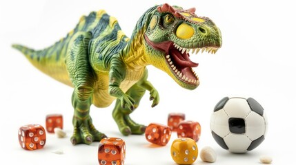Fototapeta premium A green dinosaur toy with sharp teeth is standing next to a soccer ball and dice.