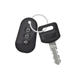 Car drive element. Black automobile keys with keychain. Transportation, trip and travel. Auto and vehicle. Poster or banner for website. Flat vector illustration isolated on white background