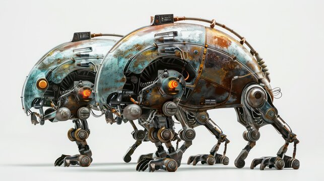 Two rusty, robotic, mechanical creatures with glowing eyes on a white background.