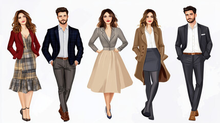 Fototapeta premium Illustrate individuals dressed in sophisticated clothing, such as tailored suits, high-fashion dresses, or chic separates. Focus on the quality and fit of the attire to convey a sense of refinement. 
