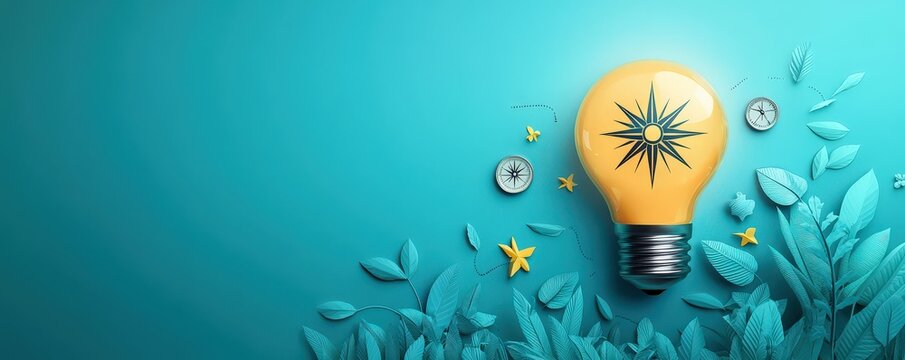 Light bulb with compass, guiding growth through insight, flat design illustration with copyspace