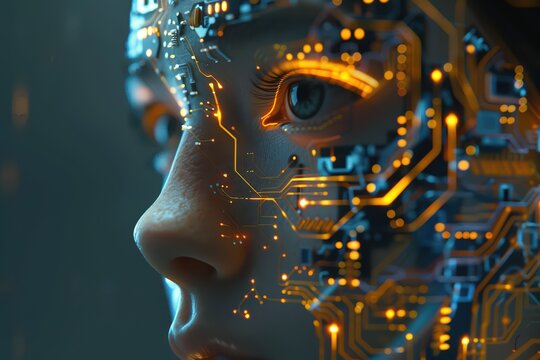 A futuristic close-up of a humanoid robot face integrated with glowing circuitry and technology, symbolizing innovation.