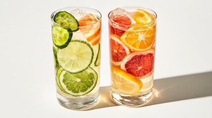 Fototapeta premium A pair of glasses containing various fruits placed beside one another on a white countertop
