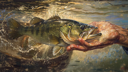 Bass fish held by a fisherman.