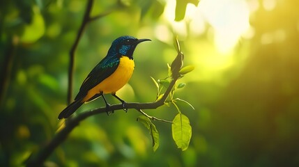 Fototapeta premium Regal Sunbird Perched On A Branch In Nature, Photo Realistic, Wallpaper, Cover and Screen for Smartphone, PC, Laptop, 9:16 and 16:9 Format