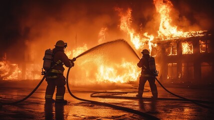 Firefighters battling a blaze at night.