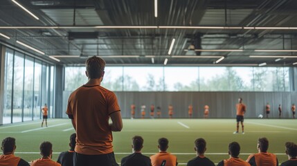 A football tactics workshop with a coach using a whiteboard to explain strategies to players