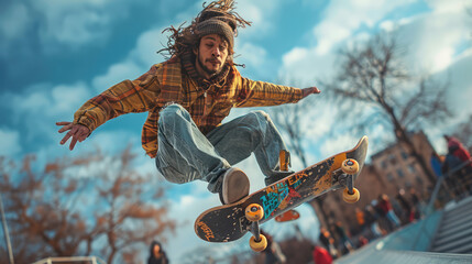 A skateboarder performing tricks in an urban skate park, capturing motion and energy sport trick