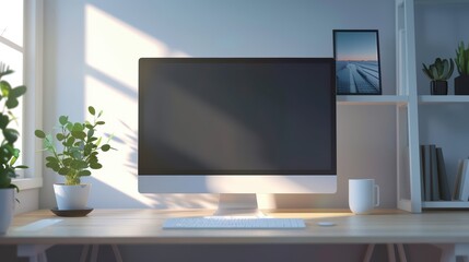 Fototapeta premium A minimalist workspace featuring a sleek computer, plant, and coffee cup, illuminated by soft natural light.