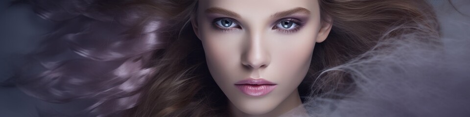 Naklejka premium A stunning close-up of a woman with piercing blue eyes and flawless makeup, framed by soft, ethereal lighting and wisps of hair.