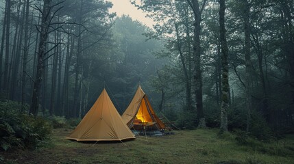 Tranquil camping site in a misty forest with orange tents glowing at dusk