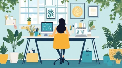 Woman working at a desk with a computer, surrounded by plants and artwork.