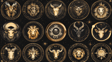 Illustrate the twelve zodiac signs with their corresponding symbols, such as Aries (the Ram), Taurus (the Bull), and Gemini (the Twins). 