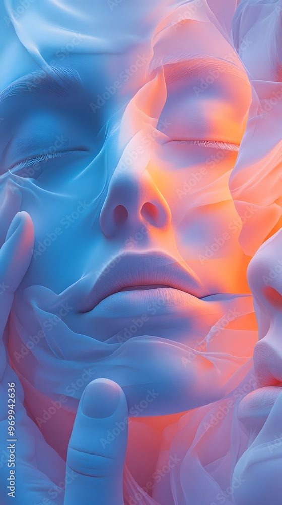 Poster close-up of a serene face enveloped in soft, flowing abstract textures in cool and warm tones