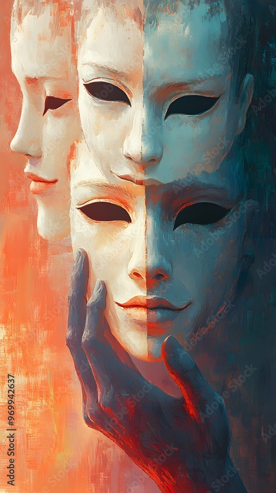 Poster dual faces merging together in an abstract artistic style with dark and light contrast