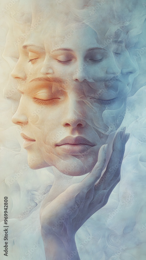 Aufkleber multiple abstract faces layered together with hands gently touching them in a surreal composition