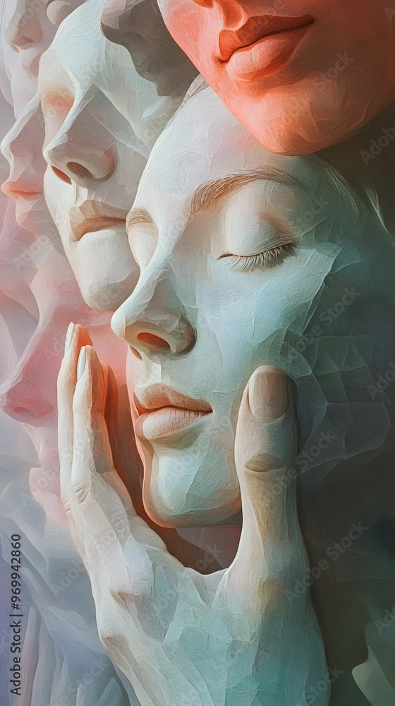 Aufkleber multiple abstract faces layered together with hands gently touching them in a surreal composition
