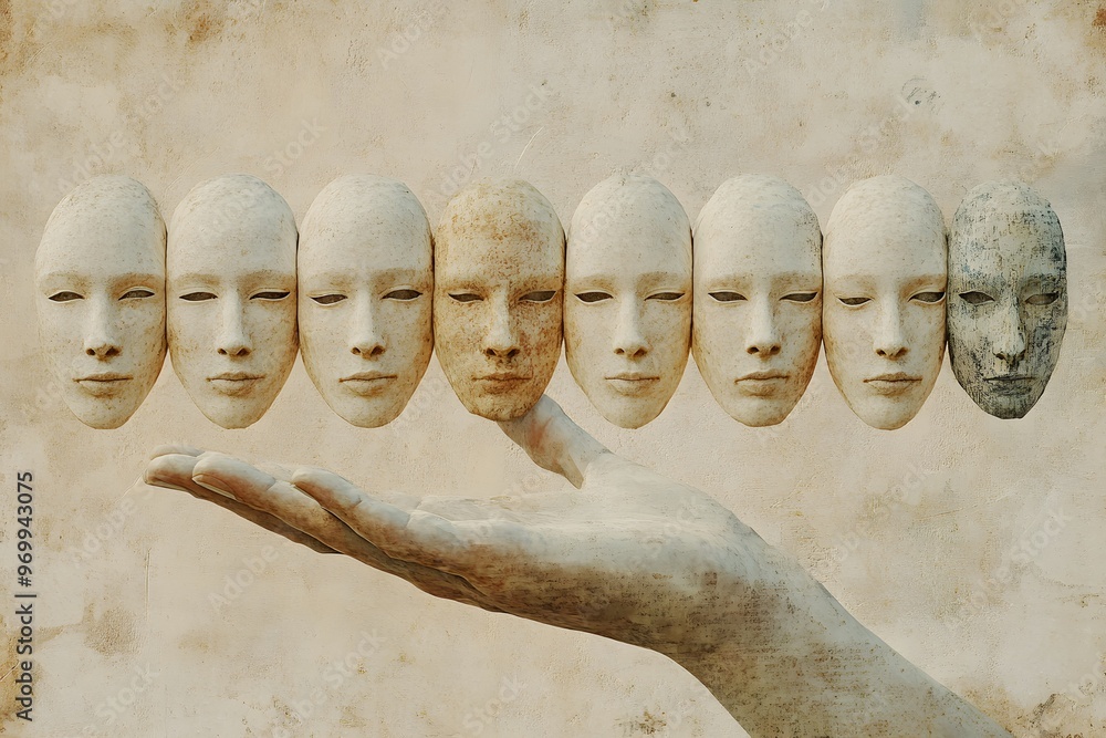 Poster a row of stone-like faces in a weathered texture floating over a hand in a warm, golden backdrop