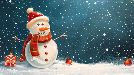 Fototapeta premium Festive Christmas card featuring a cheerful snowman in a snowy winter landscape