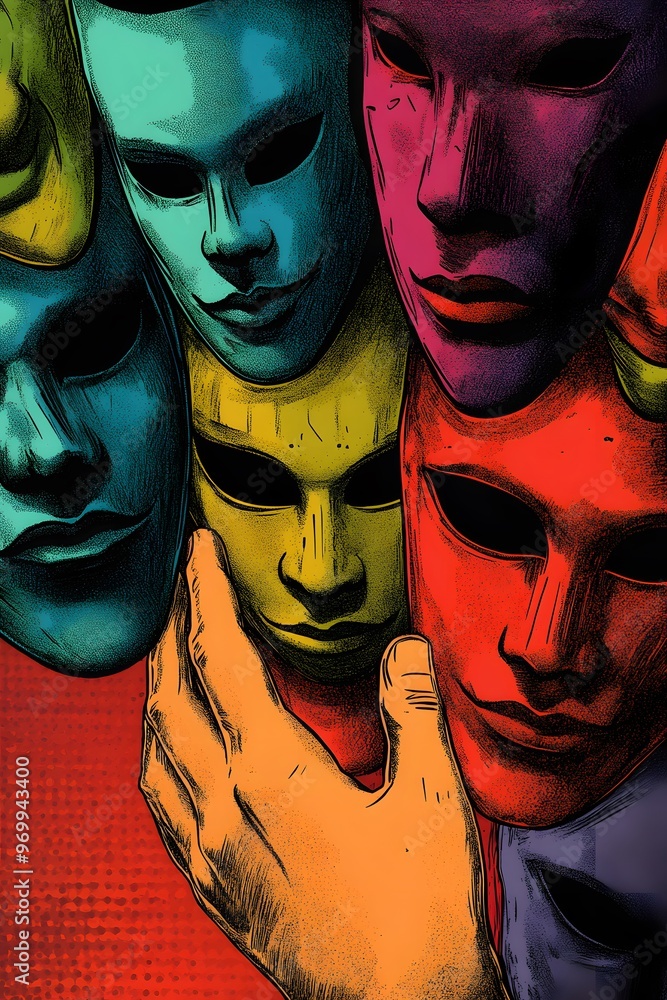 Poster colorful masks with intricate designs being reached out to by a hand in a vibrant setting