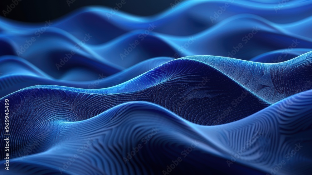 Poster fluid dynamics in an abstract blue wavy background showcasing elegance and tranquility in design