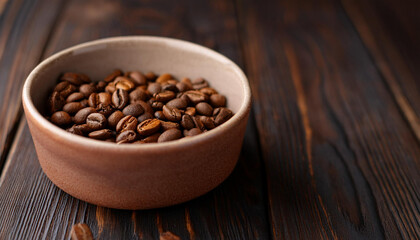 Fototapeta premium Roasted coffee beans in ceramic bowl on dark wooden table. Tasty and aromatic beverage.