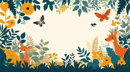 Obraz premium A photo of several animals frolicking amidst a sea of leaves and blossoms, with a butterfly gracefully perched at the center