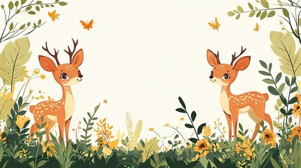   A pair of deer grazing in a field of grass and blossoms, with a butterfly in the backdrop