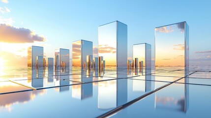 Fototapeta premium Futuristic Metallic Cityscape of Chrome Buildings Reflecting Light and Environment