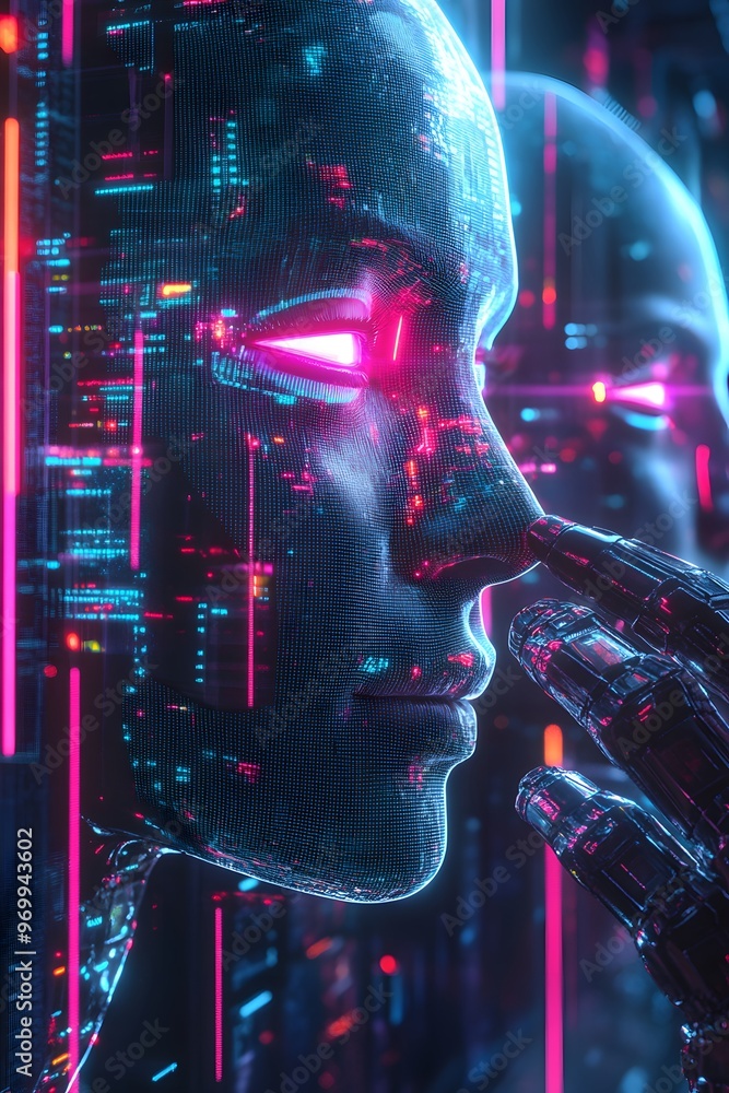 Aufkleber futuristic robotic face with neon lights and circuitry reflecting in a high-tech environment