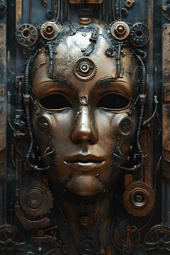 Mechanical face mask adorned with intricate gears and metallic details in a steampunk style